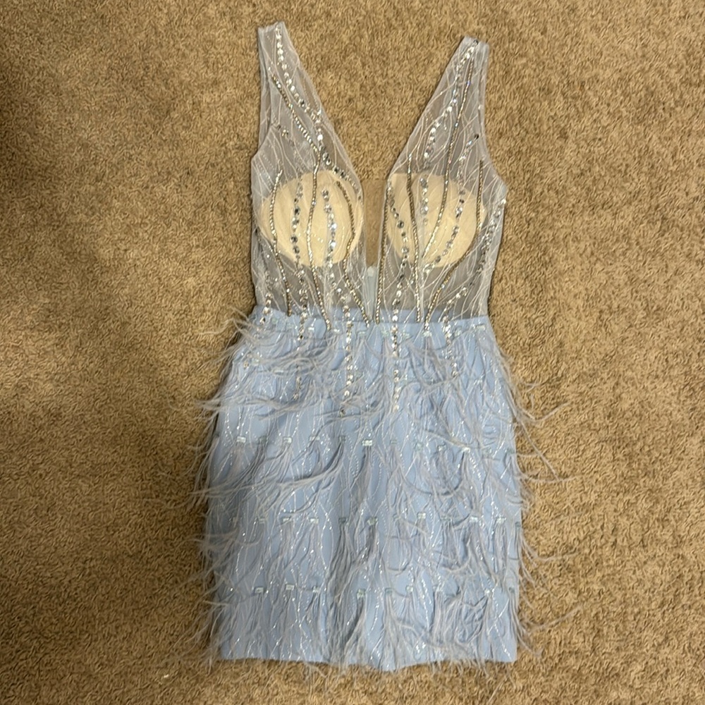 See through beaded blue feather dress